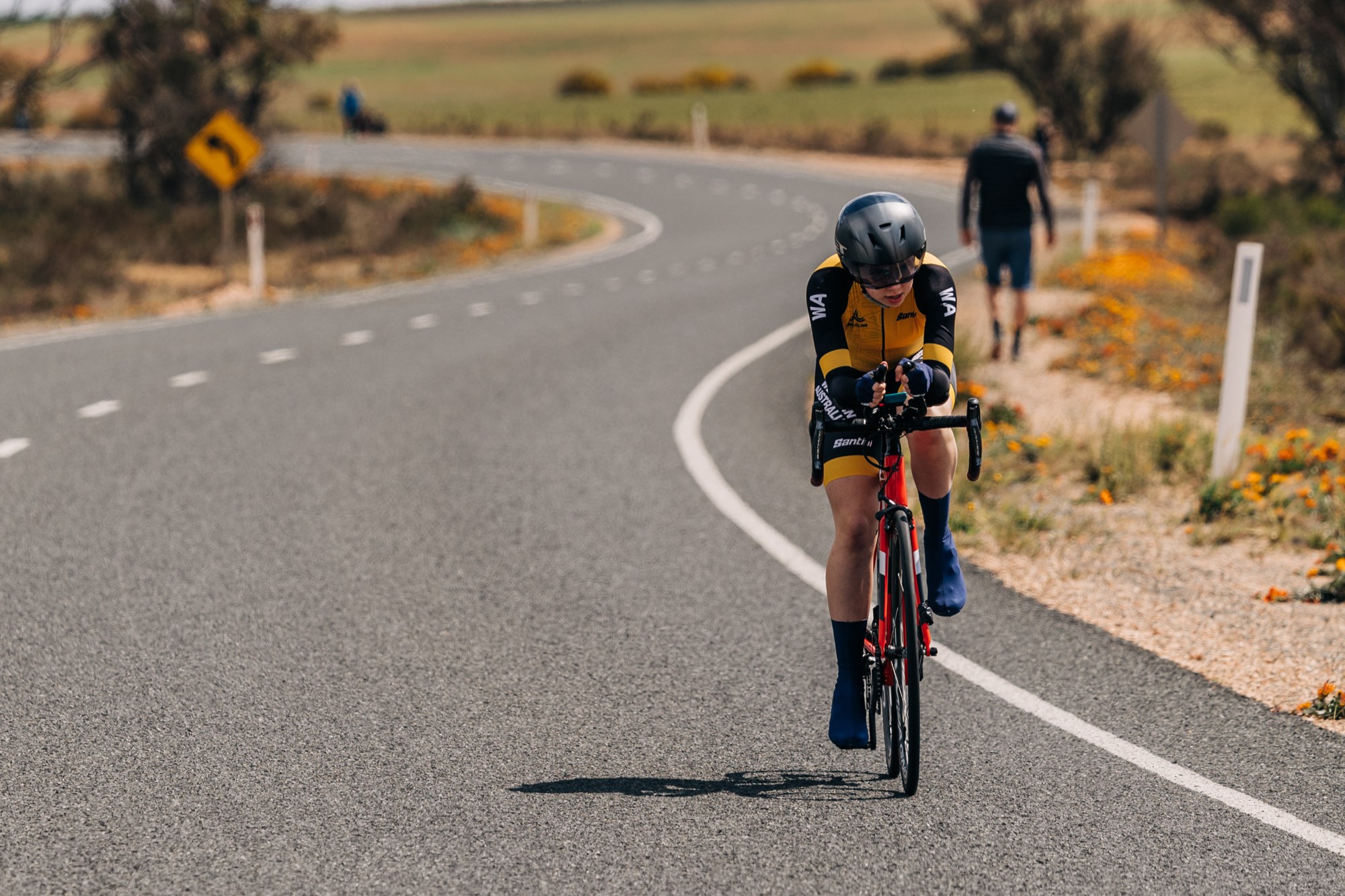 Perth junior under-17 road cyclist Lily Suckling racing the individual time trial for the Western Australia state team during the 2025 AusCycling Masters and Junior Road National Championships in Loxton, South Australia